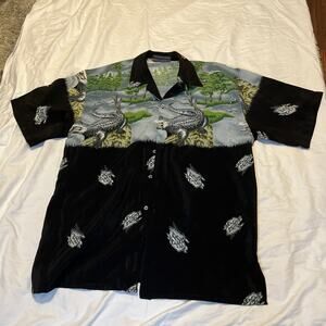 Vintage Hawaiian Style Shirt Mens L Black Alligator Print Looks More XL